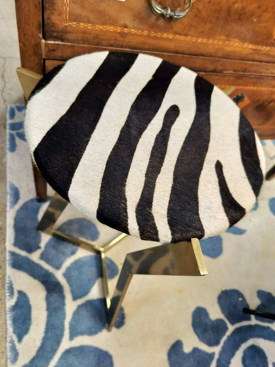 Custom Zebra Look Hide Top, Brass Base Side Table.