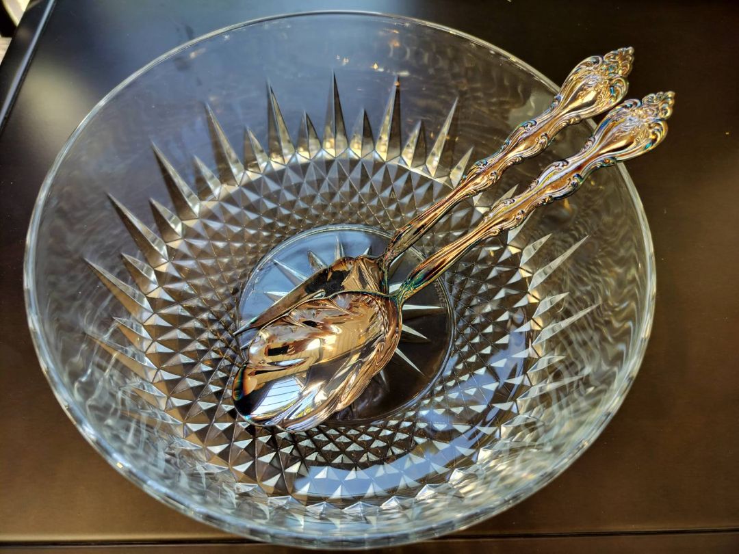 Vintage French Crystal Salad Bowl with Silver Plate Serving Utensils