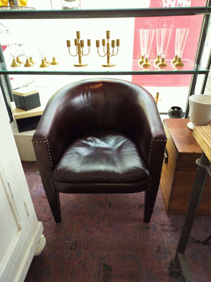 Custom Leather Upholstered Barrel Back Chair.    EACH