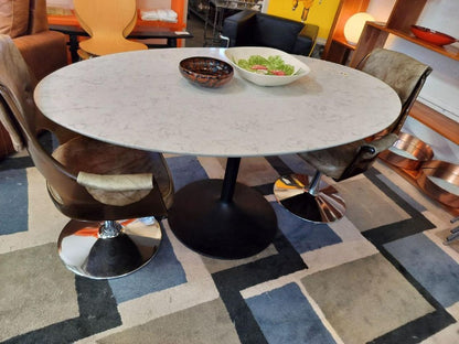 Marbled Quartz Oval Dining Table with Black Tulip Base