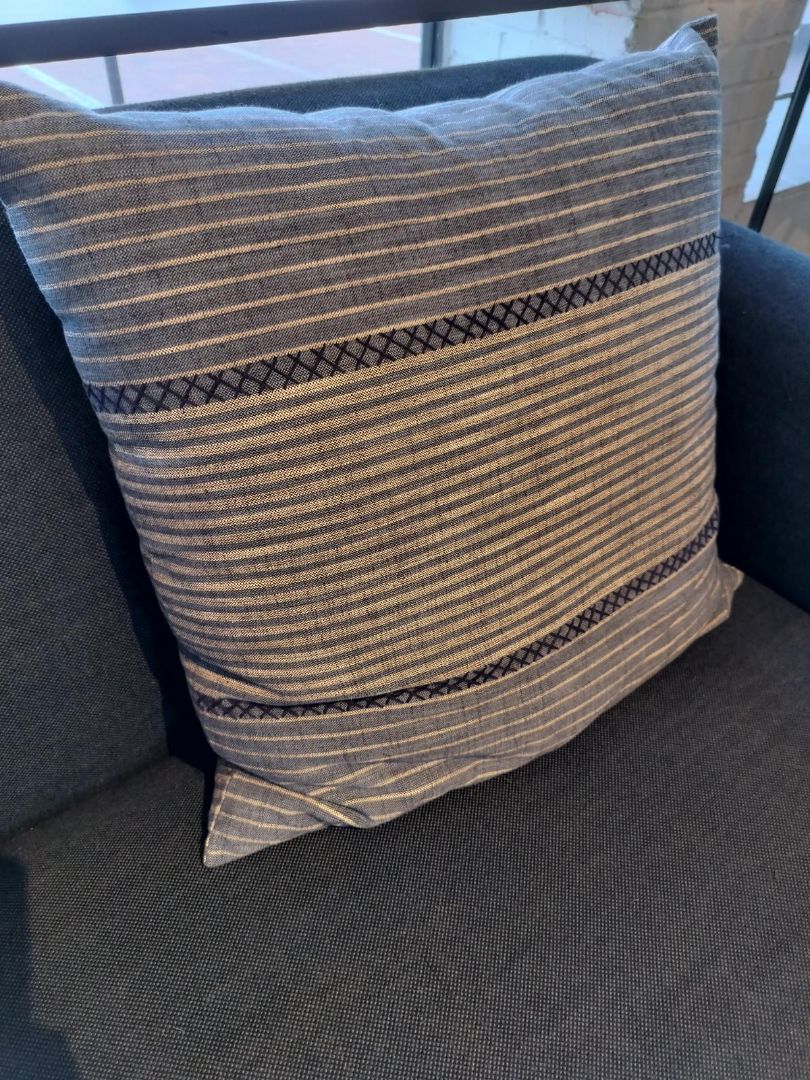 Anthropologie Pillow in Navy &amp; Gray Striped with Cross Stich Accents