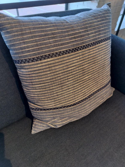 Anthropologie Pillow in Navy &amp; Gray Striped with Cross Stich Accents