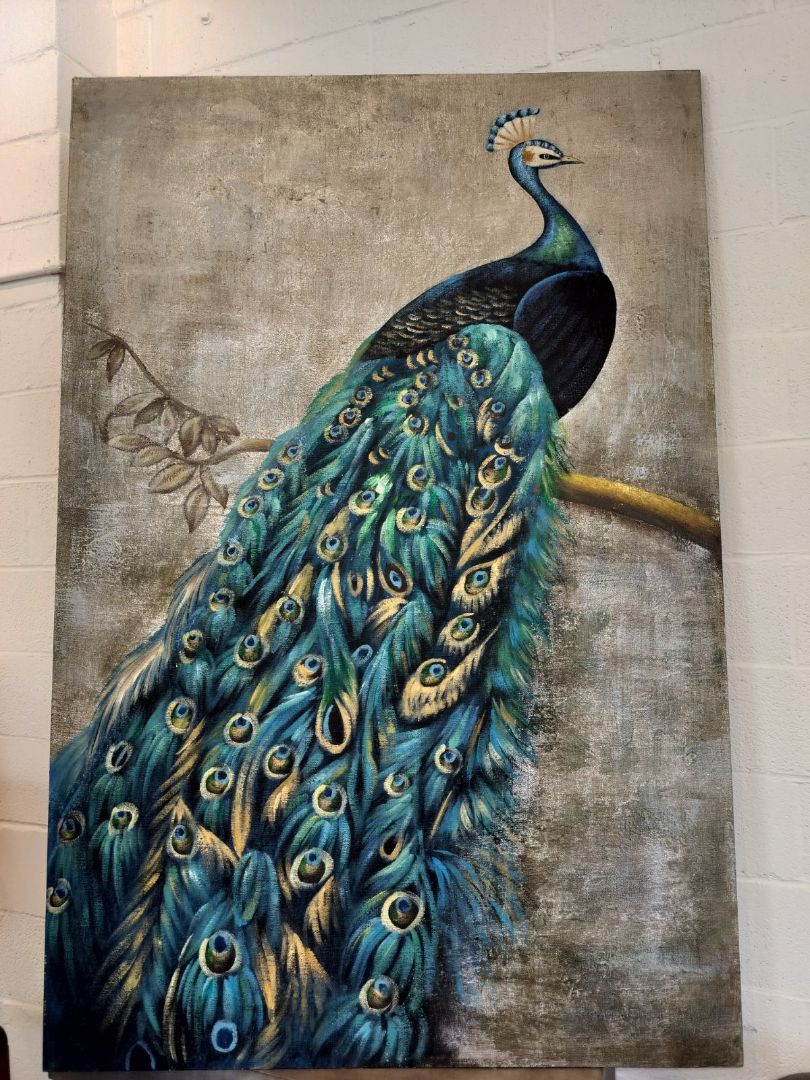 Peacock on Branch. Handpainted Oil on Textured Board.