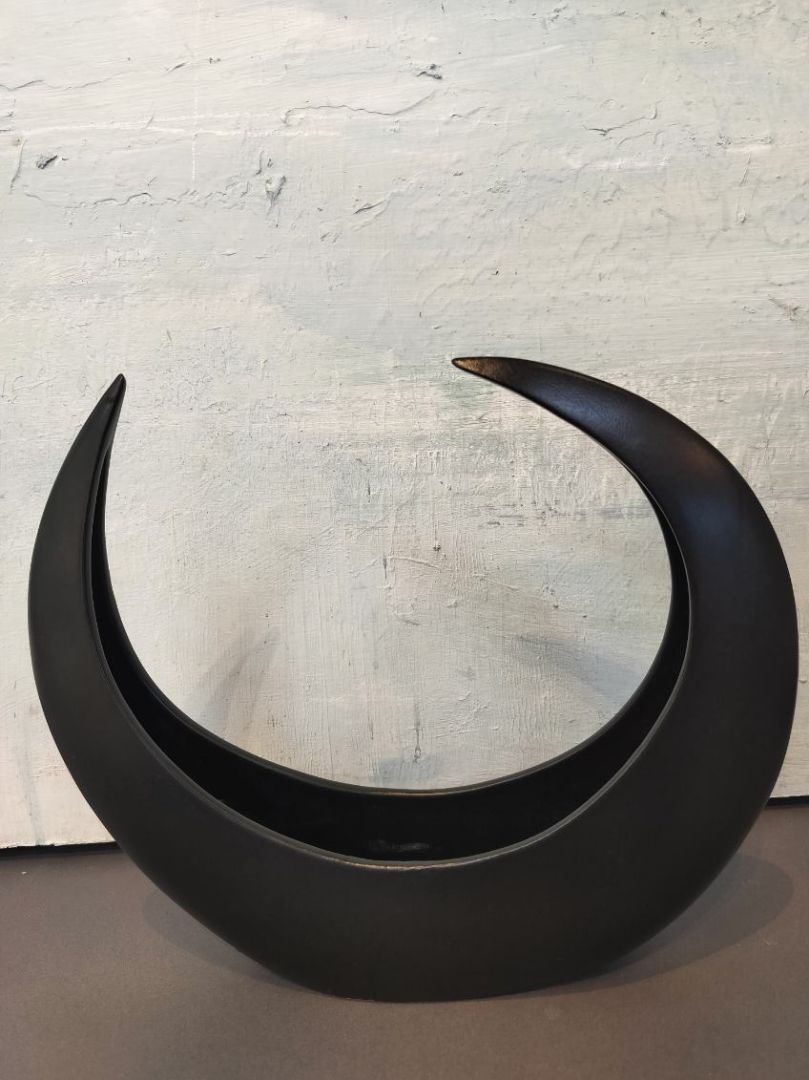 Vinatage Modernist Ikebana Vase Black Ceramic- Crescent Moon Shape