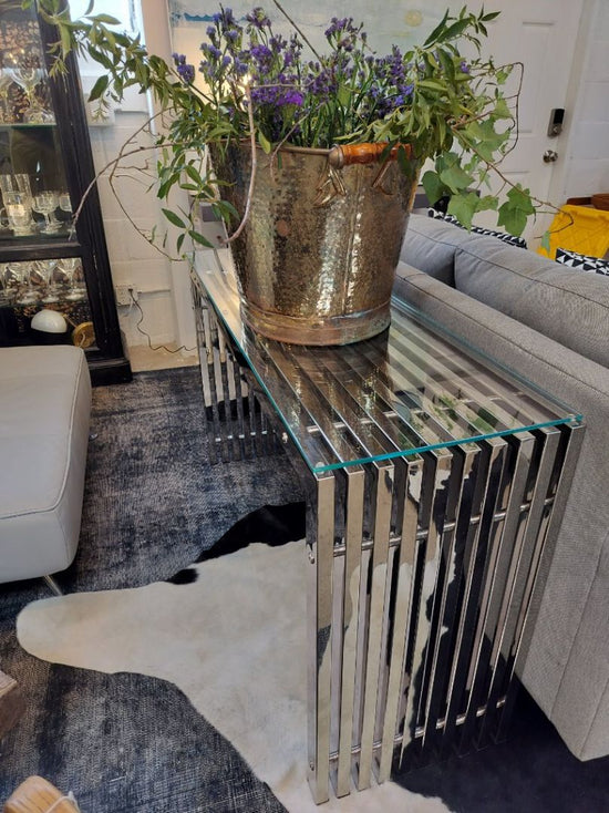 Milo Baughman Style Polished Steel Slatted Console Table