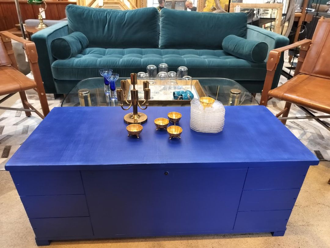 Vintage Cedar Lined Storage Trunk in Cobalt Blue