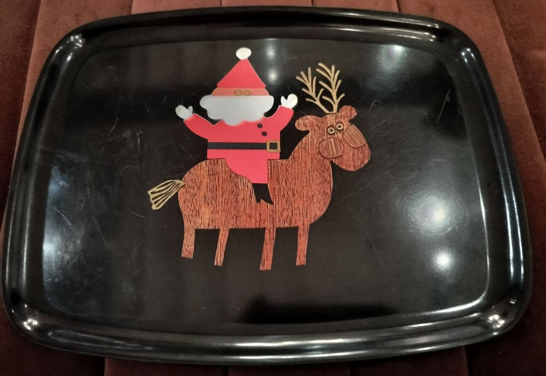 MCM Vintage Couroc Holiday Serving Tray Santa Riding Reindeer