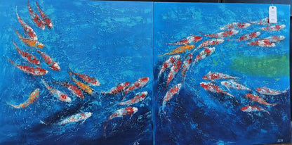 Original Koi Fish Oil Painting Wall Art  PAIR