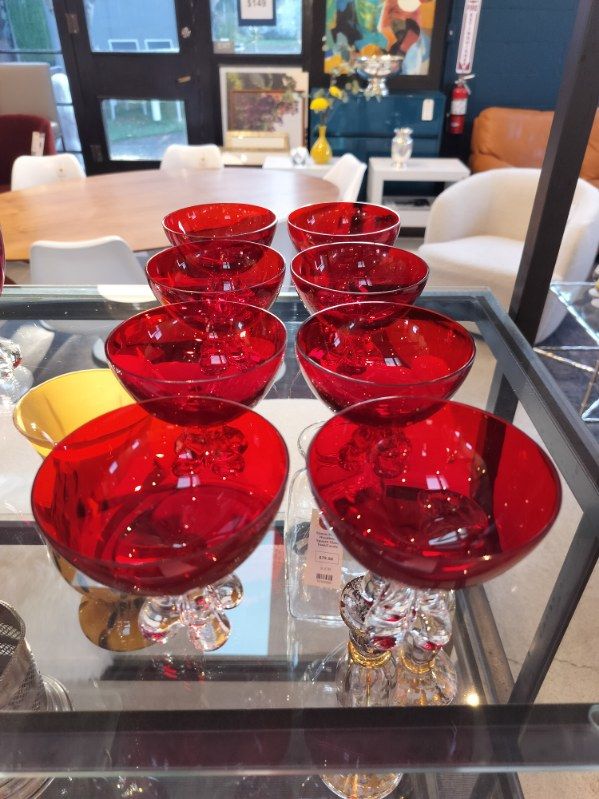 Murano Glass 1950s - 1960s Red Glass &amp; Clear Glass Lobed Foot Glassware.