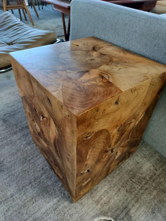CB2 Burl Side Table in Mid Century Modern Style