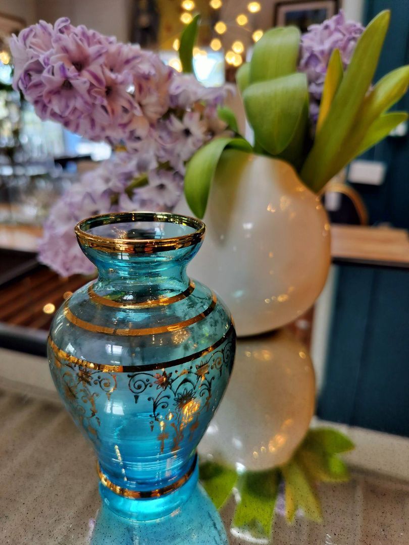 Vintage Blue Glass Vase with Gold Rim &amp; Floral Design