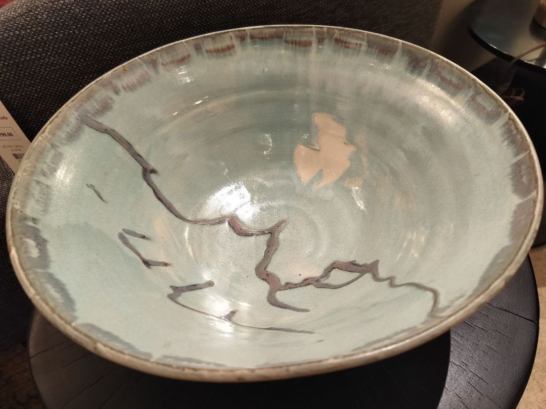 Handmade Pottery Bowl with Celadon Blue Glaze and White Dove.