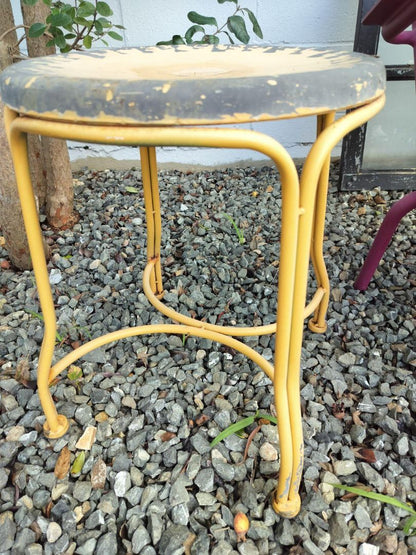 Distressed Yellow Metal Stool/ Side Table.