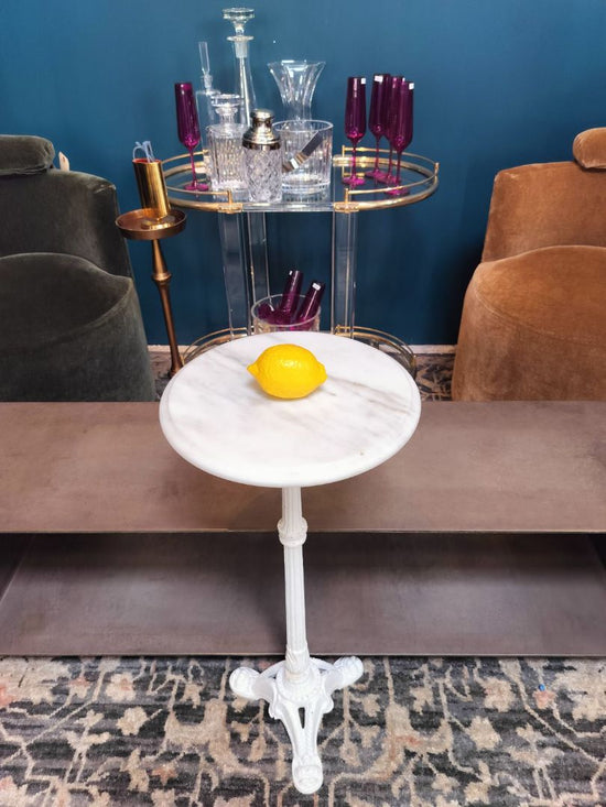 White Beveled Marble Martini Table with Vintage Metal Base