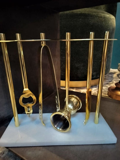 Brass Barware Set on Marble Stand