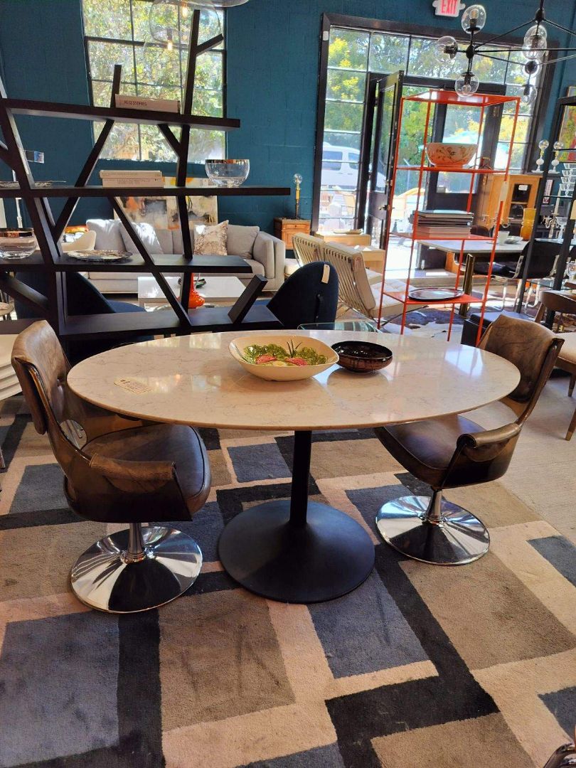 Marbled Quartz Oval Dining Table with Black Tulip Base