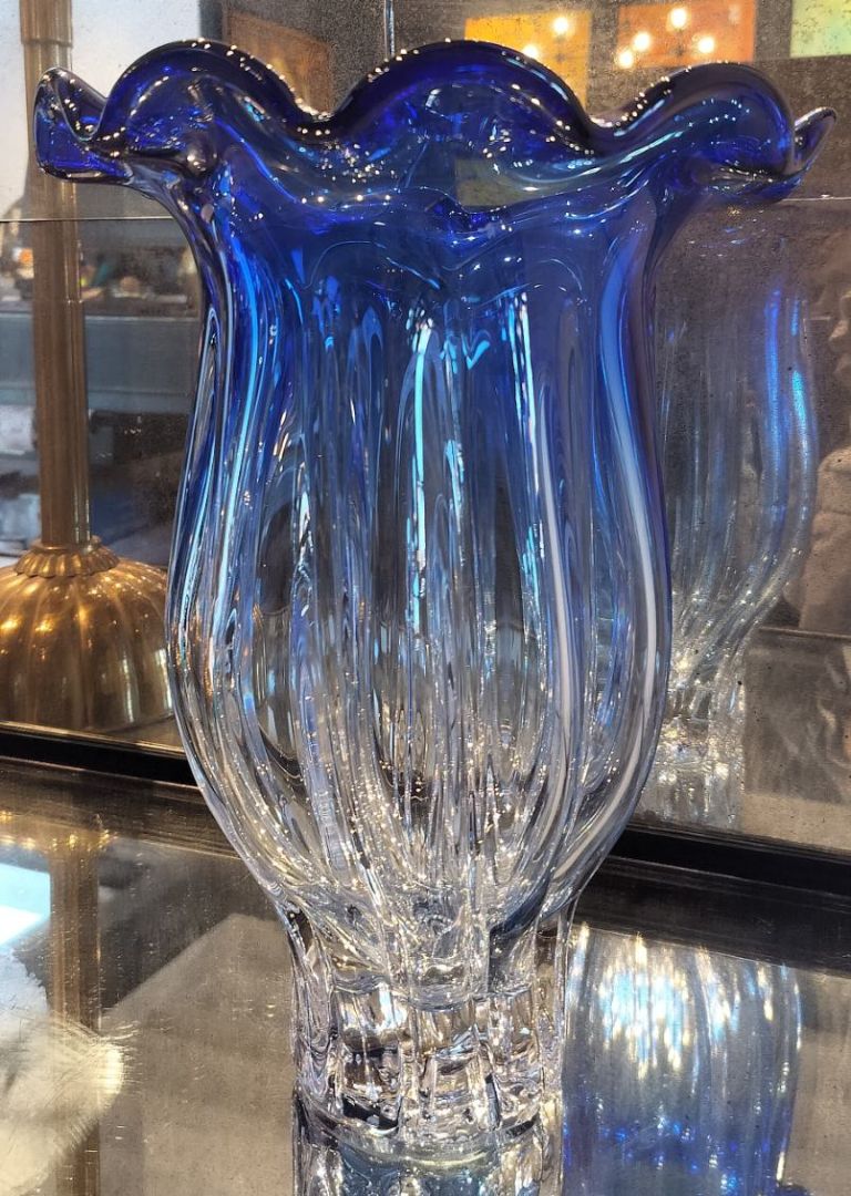 Vintage Murano Glass Vase Somerso Cobalt Blue Scalloped Edge