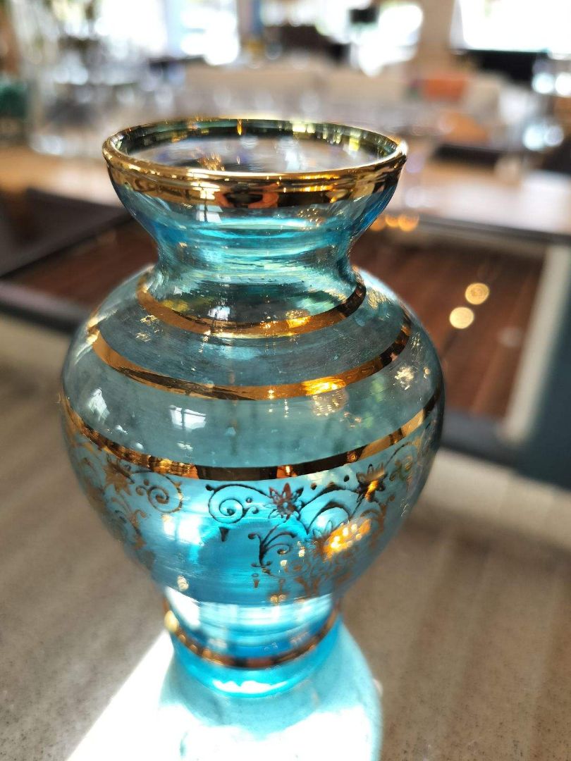 Vintage Blue Glass Vase with Gold Rim &amp; Floral Design