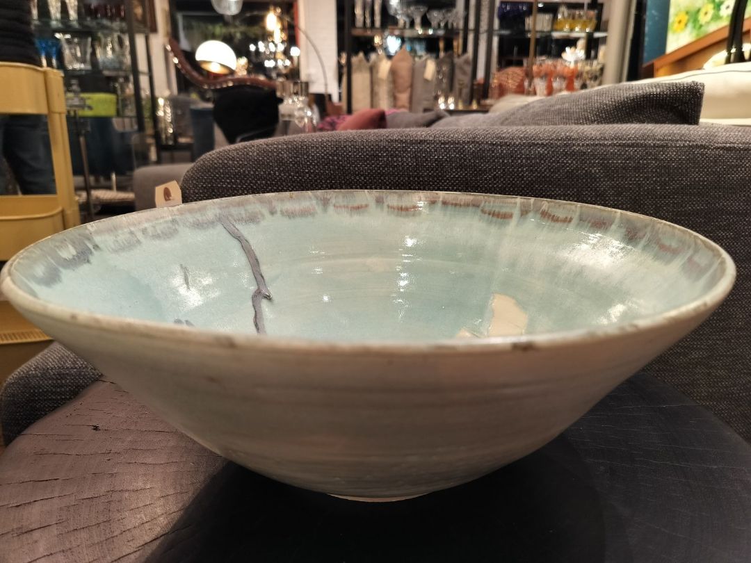 Handmade Pottery Bowl with Celadon Blue Glaze and White Dove.