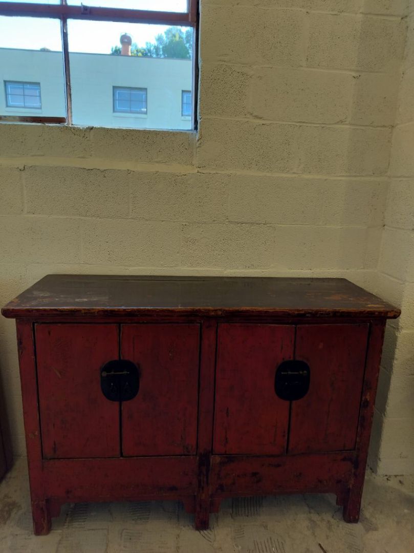 Asian Antique 4 Doors Red Cabinet/ Media