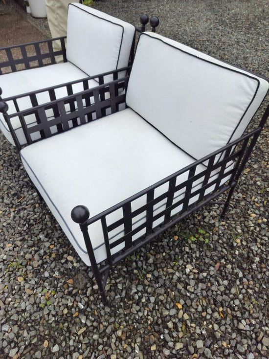 Frontgate Outdoor Chairs. Iron w/ Fabric Cushions. Pair.