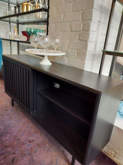 West Elm Slatted Media Console. Sliding Doors.