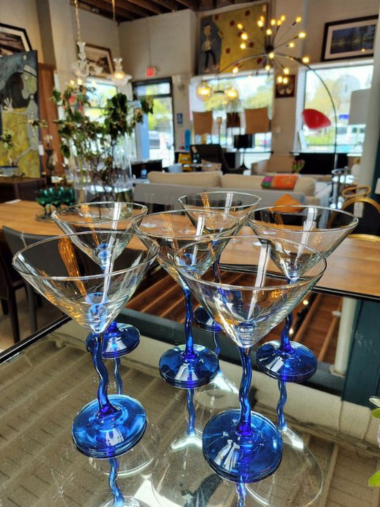 Hand Blown Crystal Martini Glasses Wavy Blue Stem