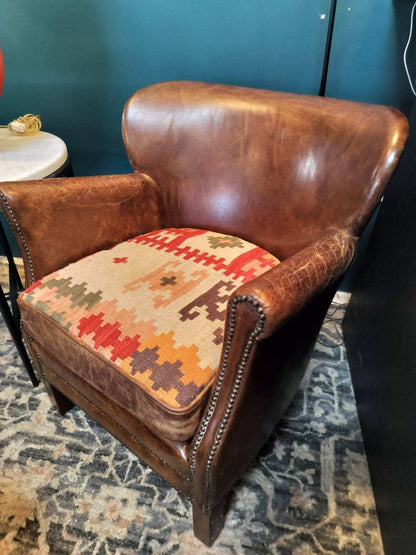 *Tobacco Leather &amp; Kilim Custom Upholstered Chair