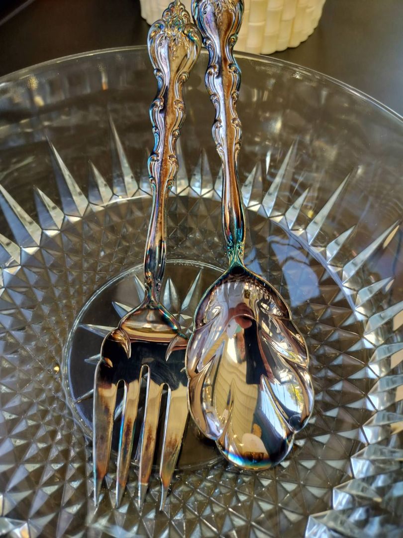 Vintage French Crystal Salad Bowl with Silver Plate Serving Utensils