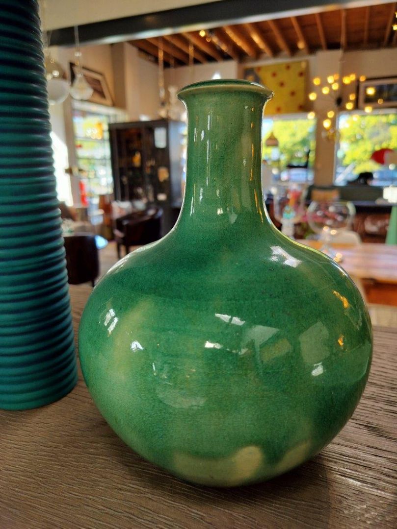 Spectacular Vintage Handmade Pottery Vase in Crackle Green