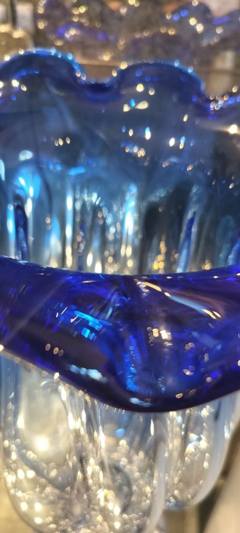 Vintage Murano Glass Vase Somerso Cobalt Blue Scalloped Edge