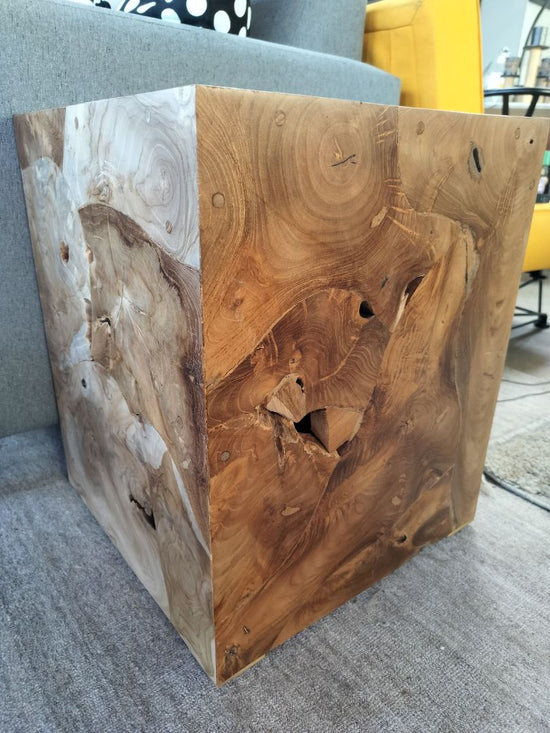 CB2 Burl Side Table in Mid Century Modern Style