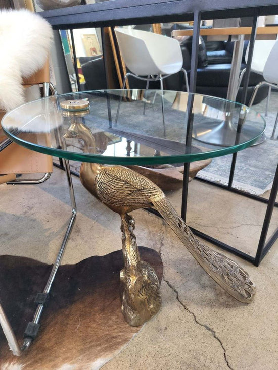 Beautiful Peacock Side Table. Brass Finish Base.