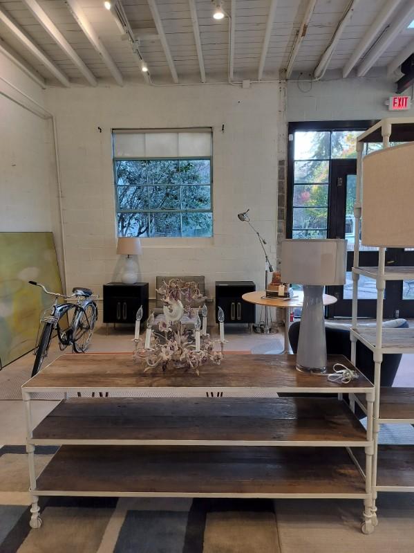 RH Console Table. Weathered Shelves. White Metal Frame. Casters.