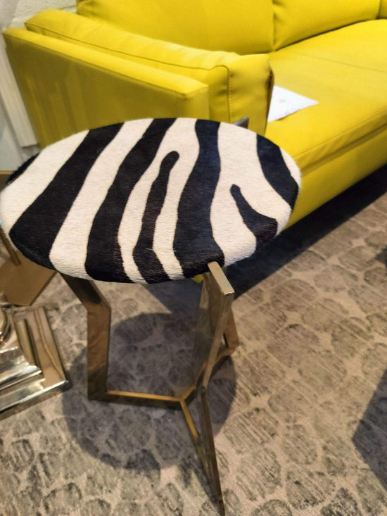 Custom Zebra Look Hide Top, Brass Base Side Table.