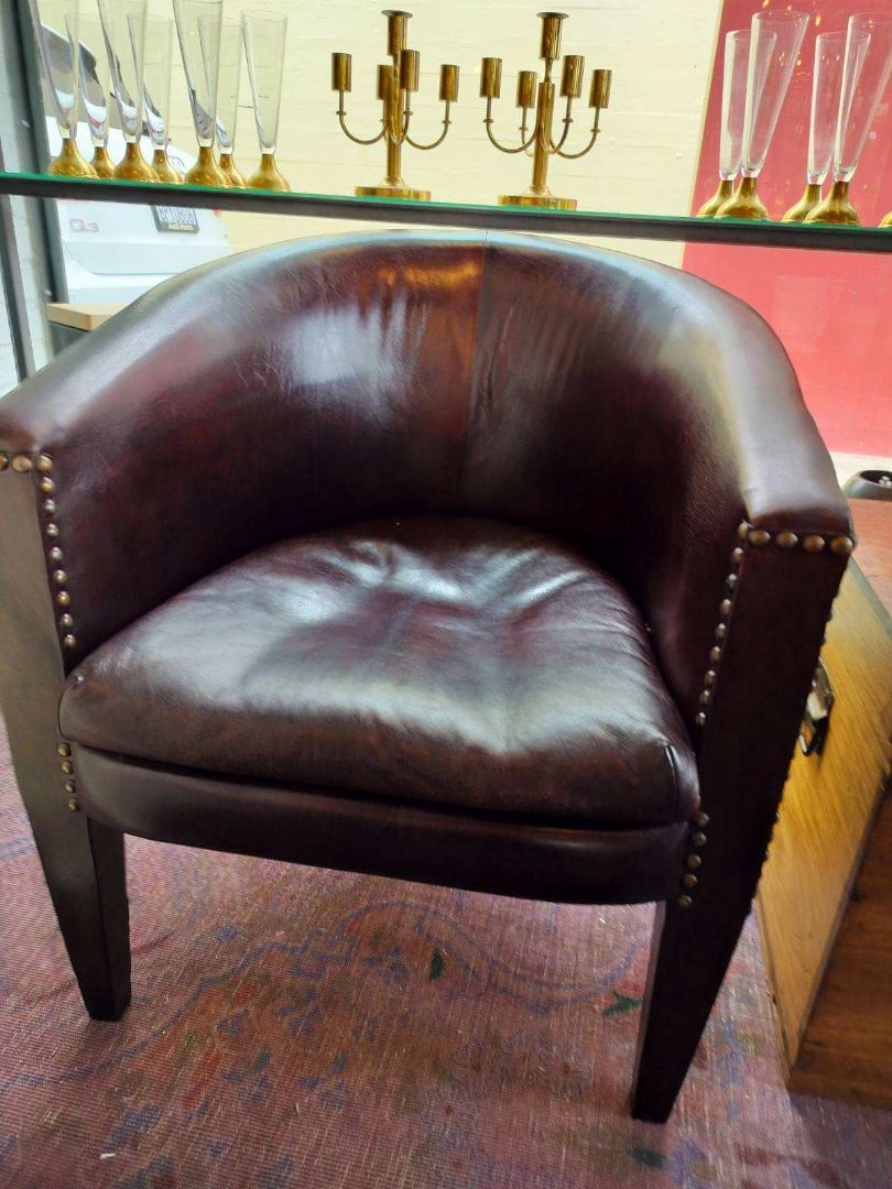 Custom Leather Upholstered Barrel Back Chair.    EACH