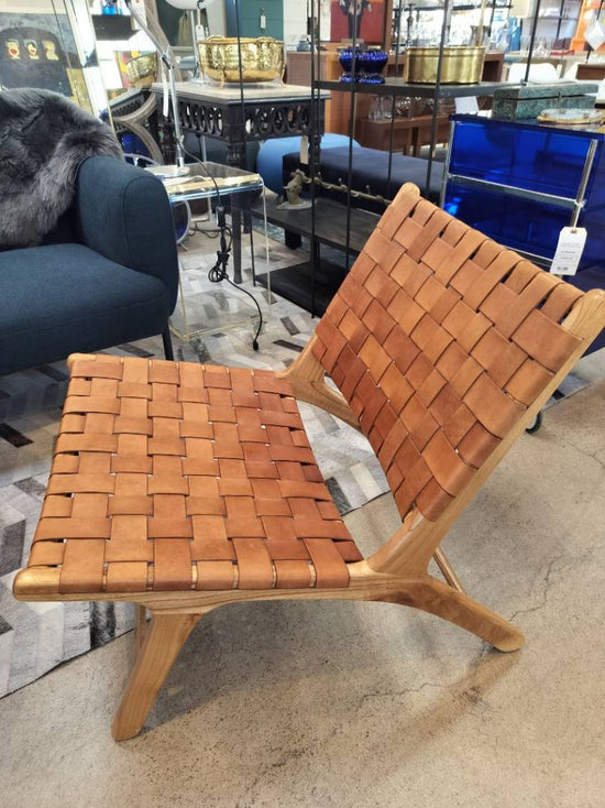 Vintage Roost Woven Teak and Leather Lounge Chair