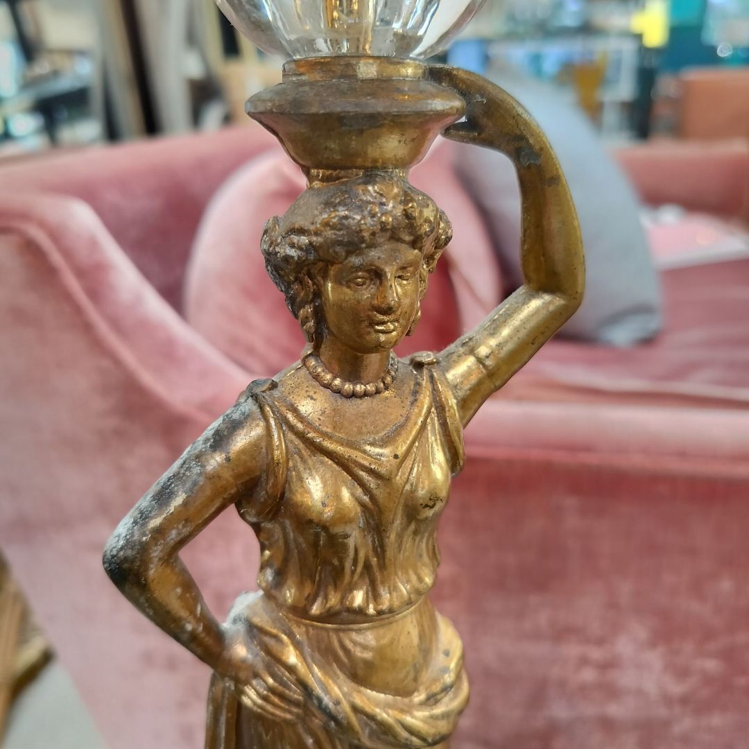 Vintage Elegant Antiqued Brass Woman Statue Lamp