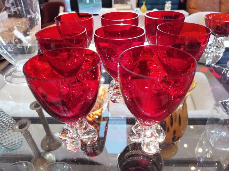 Murano Glass 1950s - 1960s Red Glass &amp; Clear Glass Lobed Foot Glassware.