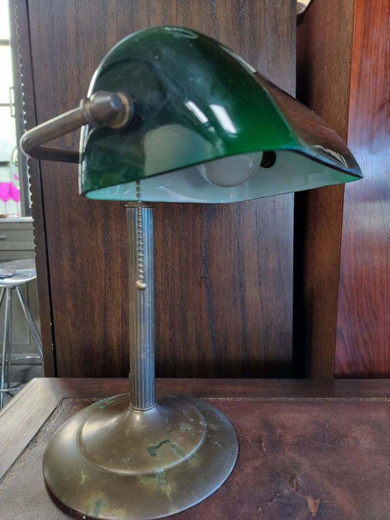 Antique Banker Dark Brass Lamp Green Glass Shade