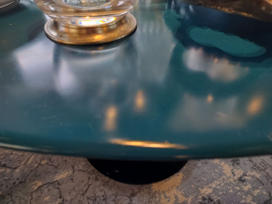 Crate &amp; Barrel Tulip Style Dining Table. Teal Blue Top/ Black Base