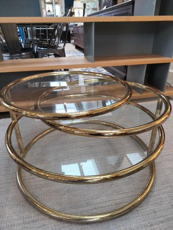 MCM Milo Baughman Style Three Tiered Brass & Glass Swivel Coffee Table