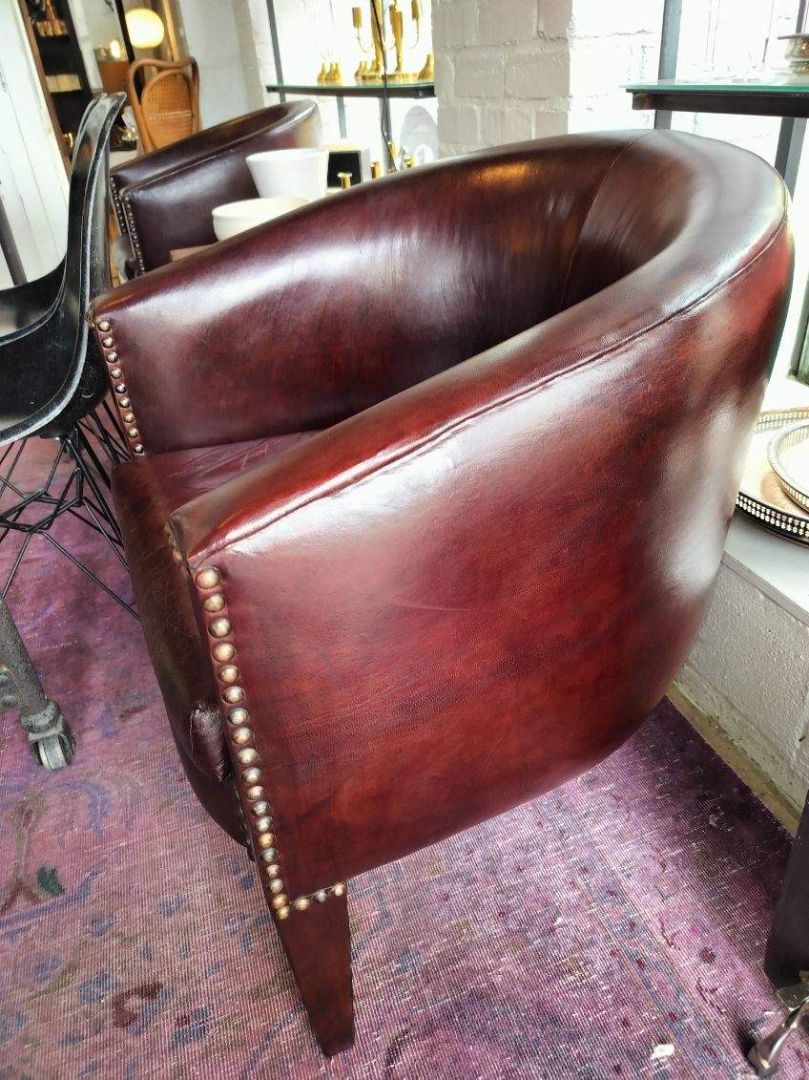 Custom Leather Upholstered Barrel Back Chair.    EACH