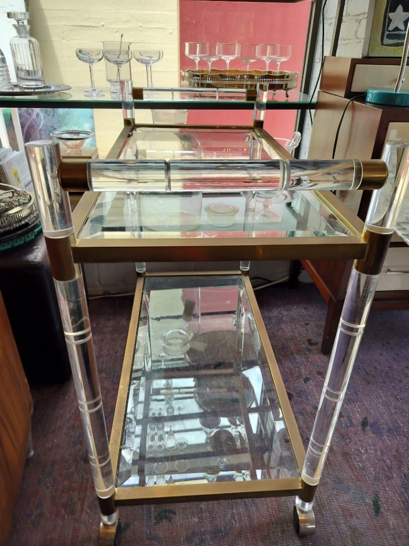 Vintage Charles Hollis Jones Faux Bamboo Lucite &amp; Brass Bar Cart