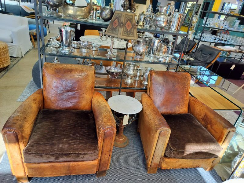 Antique French Distressed Leather Club Chairs     PAIR