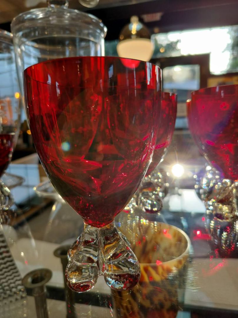 Murano Glass 1950s - 1960s Red Glass &amp; Clear Glass Lobed Foot Glassware.