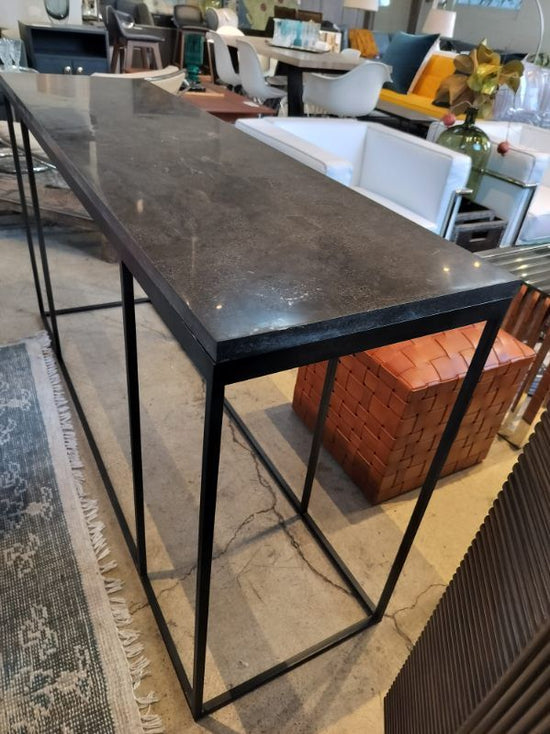 Gardner Console Table. Charcoal Marble Top. Black Steel Base.