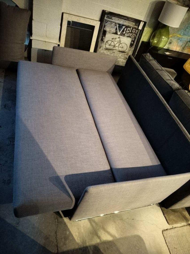 CB2 Sofa Bed in Gray Fabric. Chrome Base.