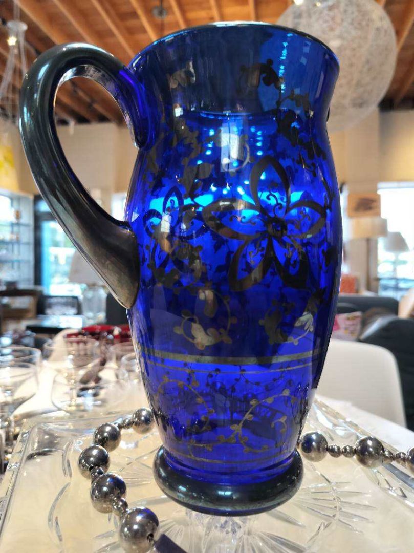 Vintage Cobalt Blue Pitcher With Gold Floral Design