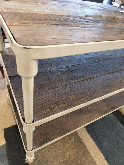 RH Console Table. Weathered Shelves. White Metal Frame. Casters.